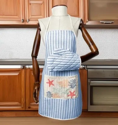 Magic Lady Blue White Striped Pocket Sea Themed Kitchen Apron and Oven Mitt